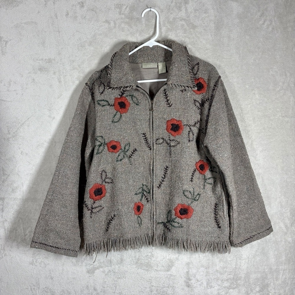 Vintage IVY Zip Up Wool Blend Jacket Women's L Embroidered Cottage Country Fall